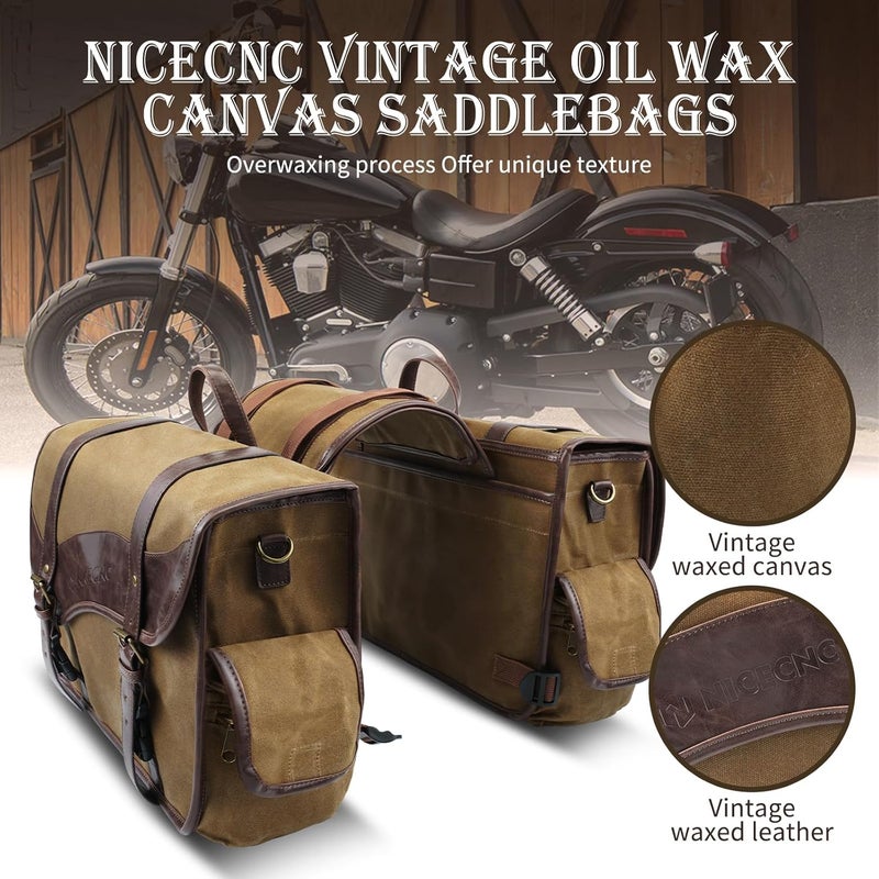 NICECNC Motorcycle Saddle Bags, Vintage Oil Waxed Canvas, Motorcycle Panniers Side Bags Compatible with Harley Honda Suzuki Yamaha Adventure Street Glide - Image 3